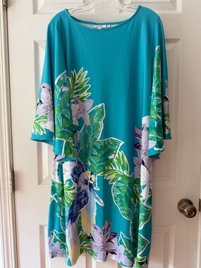 Chico's Turquoise Tropical Asymmetrical Dress with Parrot Print